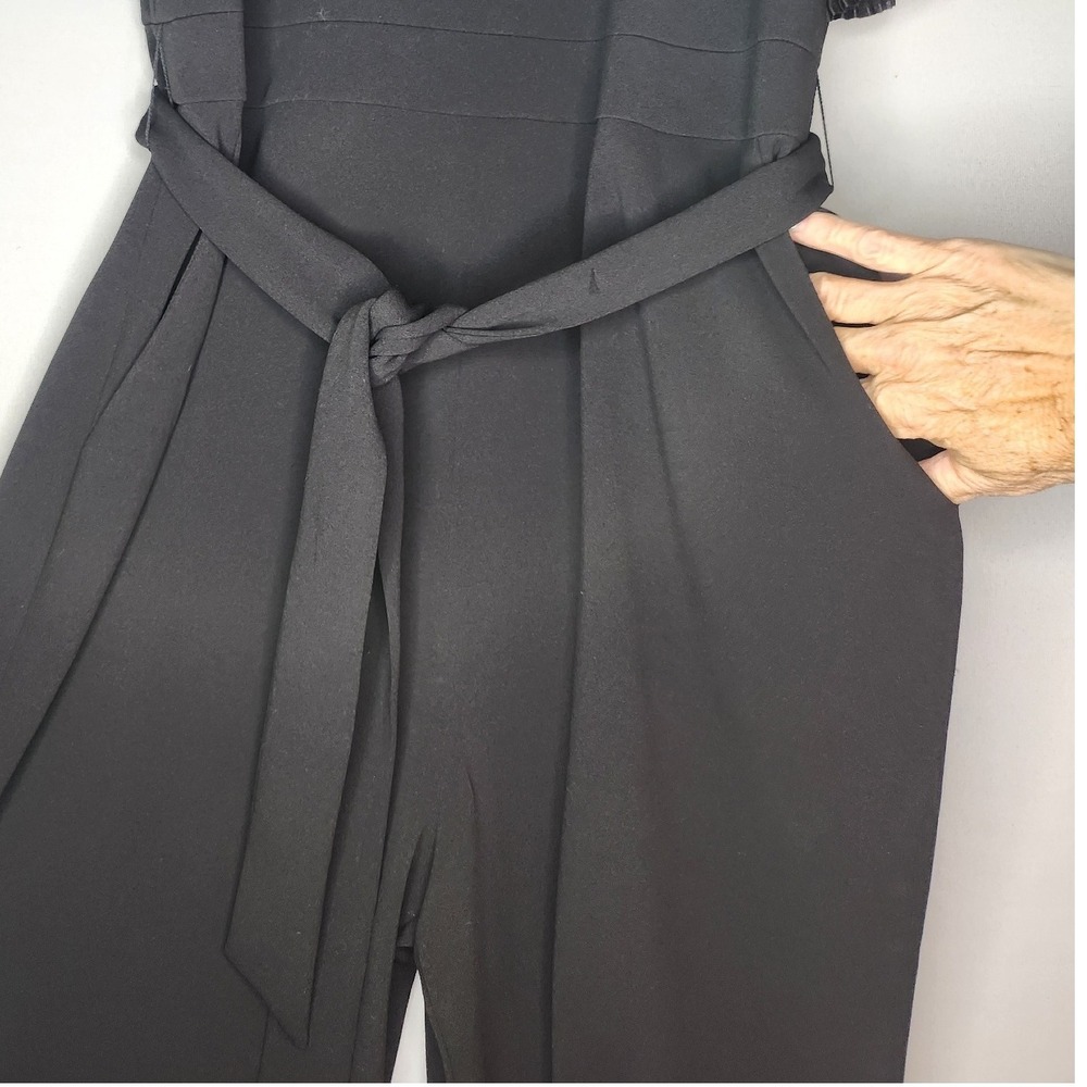 Eliza J Pleated Flutter Sleeve Belted V Neck Jumpsuit Black 14 Party Wedding - Picture 7 of 10